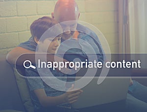 Child cares and Inappropriate content concept. A father give advice to a son how to use internet browsing searching and advising t