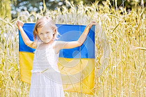 Child carries fluttering blue and yellow flag of Ukraine in wheat field. Ukraine& x27;s Independence Day. Flag Day