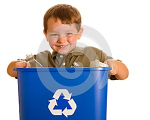 Child carrying recycling bin