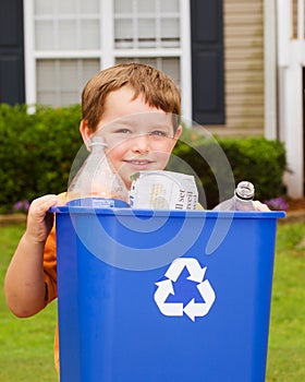 Child carrying recycling bin