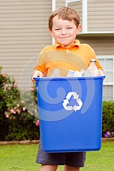 Child carrying recycling bin