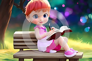 Child cartoon character sitting on a bench, reading a book