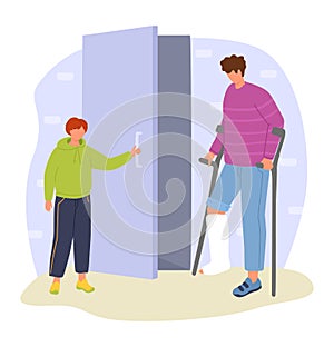 Child with cast on leg using crutches. Kid opening elevator door for injured friend. Accessibility and children helping