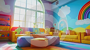 Child-centric doctor's room with large windows, toys, and cheerful murals