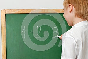 The child with a chalk near a board