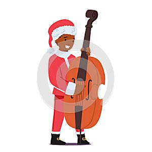 Child Character In A Festive Christmas Costume of Santa, Joyfully Plays A Contrabass, Spreading Holiday Cheer