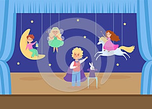 Child character play young school theatre flat vector illustration. Children magic performance, boy conjures girl