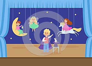 Child character play young school theatre flat vector illustration. Children magic performance, boy conjures girl photo