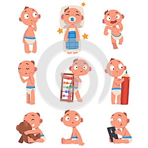 Child characters. Baby boy in different situations cartoon vector illustration