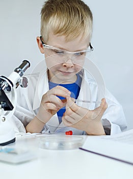 Child chemist. Teacher shows a visual experiment. A science mentor teaches an experimental approach. Microscope, petri dish,