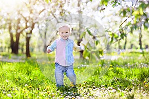 Child with cherry blossom flower. Easter egg hunt.