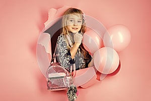 Child Childhood Children Happiness Concept. Small girl child with party balloons, celebration. Beauty and fashion