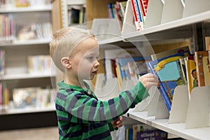 Child choosing a book from the Library shelf