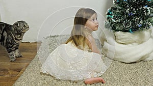 Child and christmas tree with beautiful garlands. A little girl and a cat are playing in a room by the Christmas tree