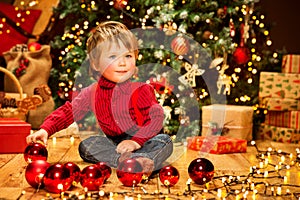 Child and Christmas Tree, Happy Boy Kid with Xmas New Year Balls