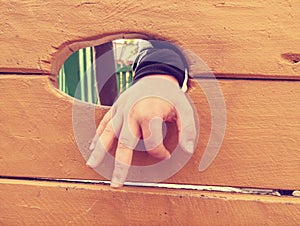 Child climb on wooden climbing wall