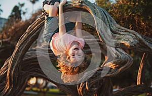 Child climbing tree. Smiling funny kid clim tree in the garden.