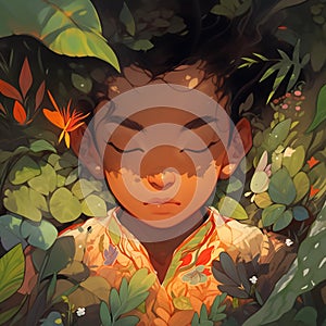 A child with closed eyes rests among green foliage, their face illuminated by speckled sunlight, exuding tranquility and oneness