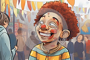 child with clown facepaint laughing at charity fun fair