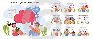 Child cognitive development set. Process of kids intelligence, creativity