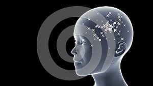 Child with colourful bright stars in its head in front of a black background conceptual 3d illustration