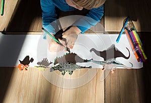 Child concentrates on the contour of the shadows from the figures of toy dinosaurs, development of fine motor skills