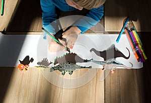 Child concentrates on the contour of the shadows from the figures of toy dinosaurs, development of fine motor skills photo