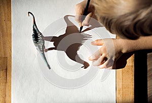 Child with concentration outlines shadow of a toy dinosaur figure