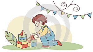 Child Constructing with Wooden Building Blocks Creative Fun Vector, vector design Generative AI