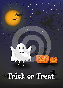 Child in the costume of ghosts scare people against the background of the night sky. Trick or treat