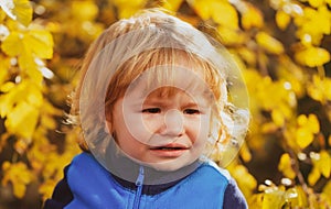 Child crying. Kids face, little boy portrait. Baby cry.