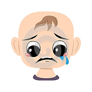 Child with crying and tears emotion, sad face, depressive eyes