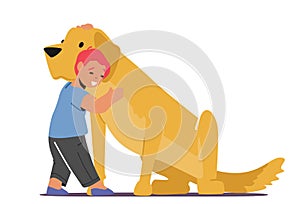 Child Cuddle with Pet, Embrace Puppy. Childhood, Love, Tenderness to Animals Concept with Happy Kid Hug Big Fluffy Dog