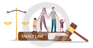 Child Custody, Alimony Concept. Tiny Parents and Children Characters in Judge Courthouse Huge Gavel, Scales, Family Law photo