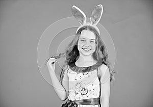 Child cute bunny costume. Playful baby celebrate easter. Spring holiday. Happy childhood. Ready for Easter day. Easter