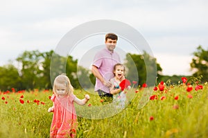 Child with dad picking flowers in poppy field