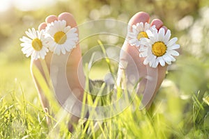 Child with daisy in toes lying in meadow relaxing in summer sunshine