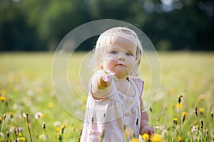 Child at dandelion meadow in summer