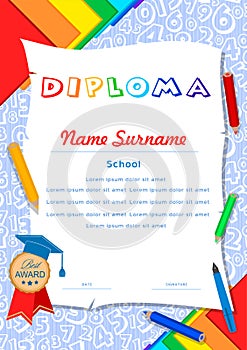 Child diploma with numbers, scrolls, pencils, notebooks and pen