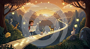 Child's Whimsical Journey on a Starry Path with Animal Friends