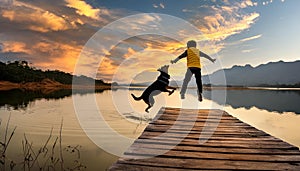 child and dog jumping into the lake with dramatic tone