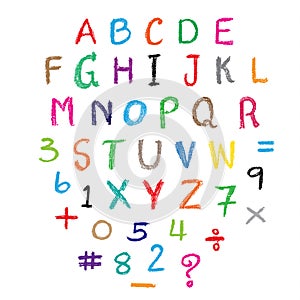 Child drawing of alphabet font made with wax crayons.