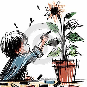 Child drawing a big potted sunflower with butterflies in a handdrawn illustration