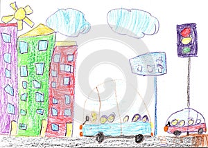 Child drawing of the buildings and cars