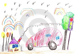 Child drawing of the buildings and cars