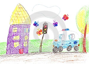 Child drawing of the buildings and cars