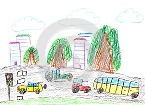 Child drawing of the buildings and cars