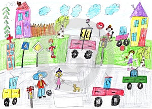 Child drawing buildings and cars. Happy family on a walk. Pencil art in childish style