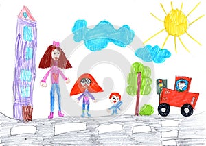 Child drawing buildings and cars. Happy family on a walk. Pencil art in childish style