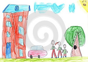 Child drawing buildings and cars. Happy family on a walk. Pencil art in childish style